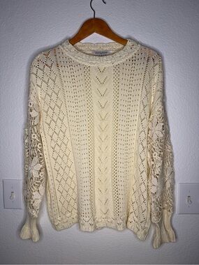 Davi & Dani Ivory Crochet Open Knit Lace Sleeve Boho Sweater Women’s Size Medium